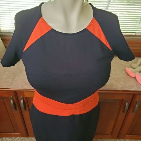 Nue by Shani Navy/Orange Ponte Color-Block Sheath Dress 4 - Picture 6 of 8